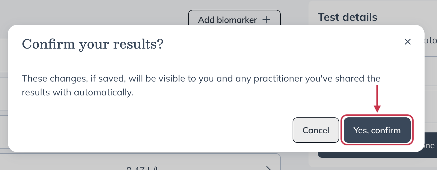 The confirmation window asking the patient to confirm uploaded lab results.